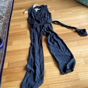 Sleeveless black washed silk jumpsuit with belt NWT